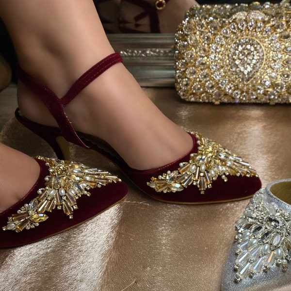 Handmade Ladies Cinderella Pakistani Indian Khusa Sandal | Diamonte Punjabi Jutti | Wedding shoes | Gift For Her | Womens 2 inch heels