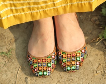 Handmade Punjabi Jutti | Multi Coloured Mirror Design | Traditional Khusa | Mojari Indian Pakistani Shoes | Gift For Her