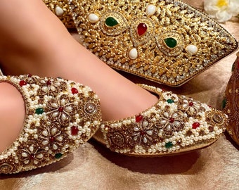 Ladies handmade Pakistani Indian Khusa Sandal | Diamonte and Pearl Punjabi Jutti | Womens wedding shoes | Gift For Her