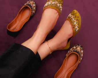Handcrafted Womens Indian Flat Sequin Khussa Shoes | Cushioned Punjabi Mehndi Wedding Jutti | Black | Olive | Maroon | Raya Punjabi Sandals