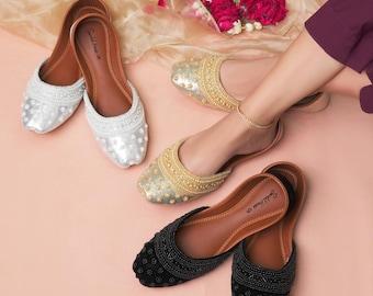Zeenat Handmade Ladies Pakistani Indian Khusa Sandal | Diamond and Pearl Punjabi Jutti | Wedding Shoes | Gift for her | Gold Silver Black