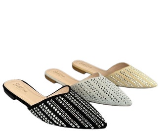 Women’s velvet soft slip on pointy Diamonte non slip sandals Flat Heel Pointed Toe Comfort Footwear