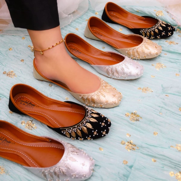 Handmade Womens Pearl and Sequin Khusa Sandals | Ladies Punjabi Jutti Gift For Her | Gold Silver Black By Sandal House