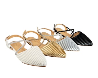 Ladies Flat Heel Pointy Shoes 3 strap Diamonte and Pearl Ankle Strap Sandals Elegant & Stylish Womens Comfort Footwear | Gold Silver Black