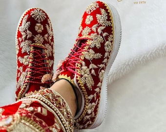Handmade Bridal Trainers | Red Velvet Sneakers With Gold Embroidery | Wedding Footwear For Women | Party Shoes Gift For Her by Sandal House