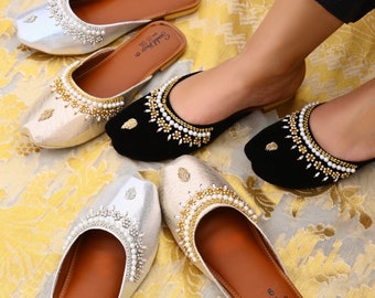 Handmade Ladies Pakistani Indian Open Back Khusa Sandal | Diamonte and Pearl Punjabi Jutti | Wedding shoes | Gift For Her Gold Silver Black