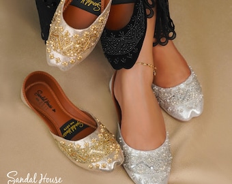 Handmade Ladies Pakistani Indian Khusa Sandal | Sequin and Pearl Punjabi Jutti | Wedding shoes | Gift For Her | Gold Silver Black