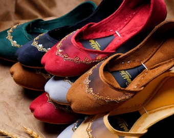 The Sultana Flat Velvet Handmade Khusa Sandal | Diamonte Punjabi Jutti | Wedding Shoes | Gift For Her | Gold Silver Green Maroon Black Brown