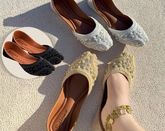 Noore Pearls Handmade Womens Punjabi Khusa Juti | Pakistani Indian Footwear | Gift For Her | Wedding Shoes | Gold Silver Black | Soft Insole