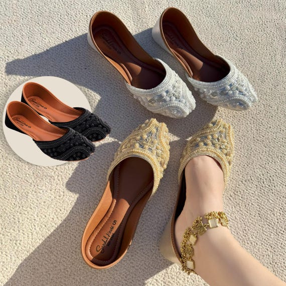 Noore Pearls Handmade Womens Punjabi Khusa Juti | Pakistani Indian Footwear | Gift For Her | Wedding Shoes | Gold Silver Black | Soft Insole
