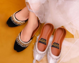 Handcrafted Ladies Pakistani Indian Khusa Sandal | Diamonte and Pearl Punjabi Jutti | Party shoes | Gift For Her | Gold Silver Black
