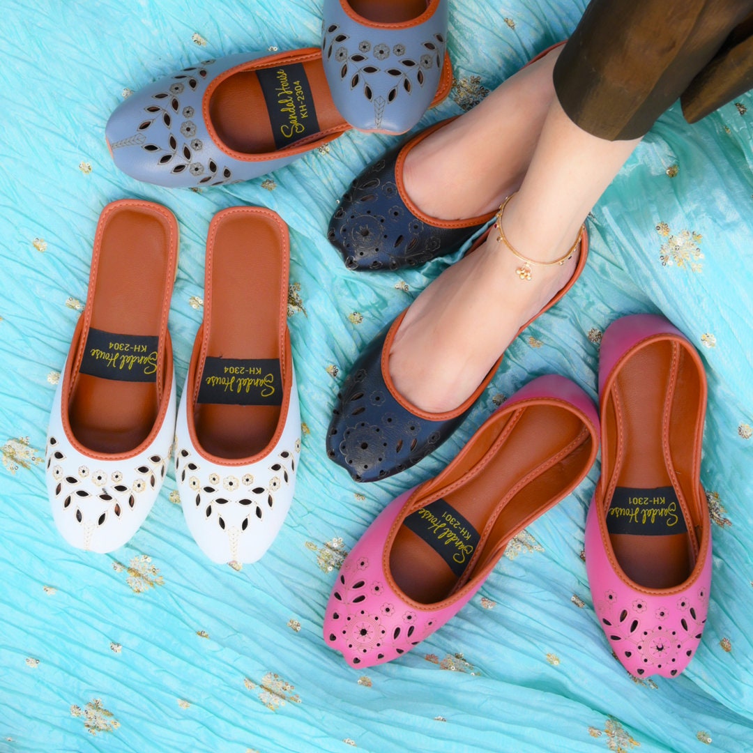 Buy Laser Cut Open Back Soft Cushioned Leather Look Khussa Shoes Punjabi  Jutti Ethnic Handmade Womens Sandals Black White Pink Grey Online in