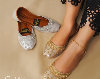 Layla Handmade Ladies Pakistani Indian Khusa Sandal | Sequin and Pearl Punjabi Jutti | Wedding shoes | Gift For Her | Gold Silver Black