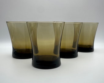 VINTAGE BROWN GLASSES: Anchor Hocking "Linden" Mocha / Smoke Brown Flat Tumblers | Old Fashion / Lowball / Craft Cocktail Glasses | Set of 4