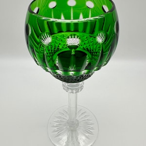 GREEN CRYSTAL GLASS: Vintage Godinger King Louis Emerald Green Cut to Clear Wine Glass/Water Goblet | Ajka Crystal Fabergé Xenia Collection
