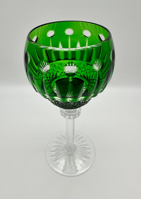 GREEN CRYSTAL GLASS: Vintage Godinger King Louis Emerald Green Cut