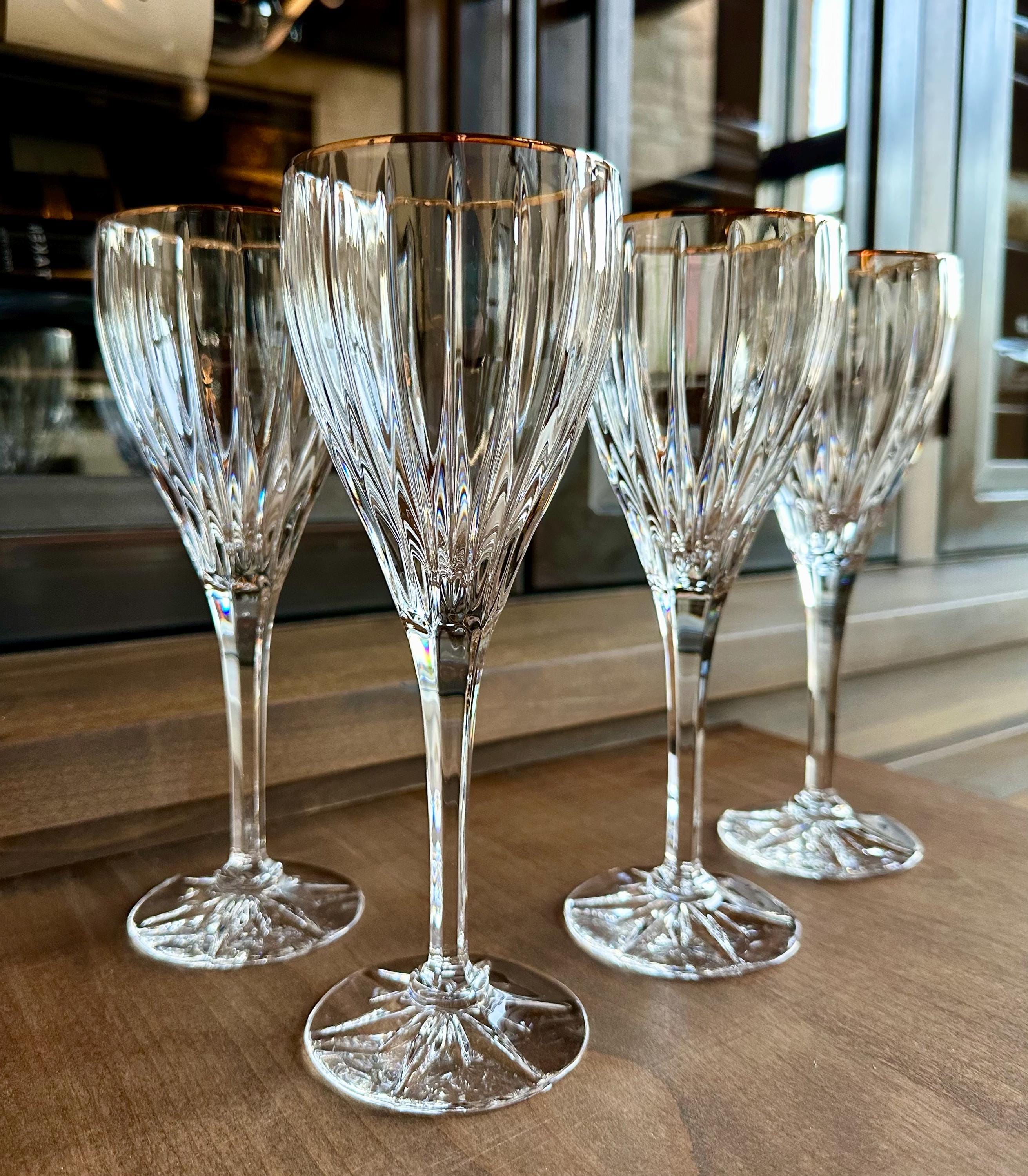 VINTAGE CRYSTAL GLASSES: Mikasa "Golden Tiara" Gold Rim Water Goblets | Clear Crystal Stemware | Set of 4