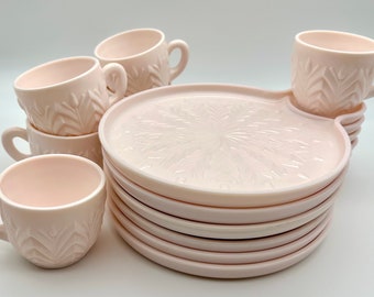 VINTAGE SNACK SET: Vintage Jeannette Glass Co Shell Pink Milk Glass Snack Tray and Cup Set | Price Per Set | 4 Sets Available