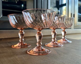 PINK COCKTAIL GLASSES: Vintage Cristal d'Arques "Rosaline" Pink Swirl Champagne /Craft Cocktail /Martini Coupes | Set of 4