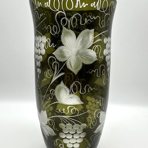 VINTAGE CRYSTAL VASE: Egermann Czech Republic Bohemian Green Cut to Clear Crystal Glass Vase with Original Foil Sticker | New Old Stock