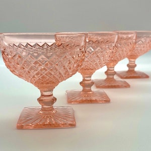 VINTAGE PINK COUPES: Vintage Anchor Hocking "Miss America" Pattern Pink Depression Glass Champagne / Cocktail / Sherbet Coupes | Set of 4