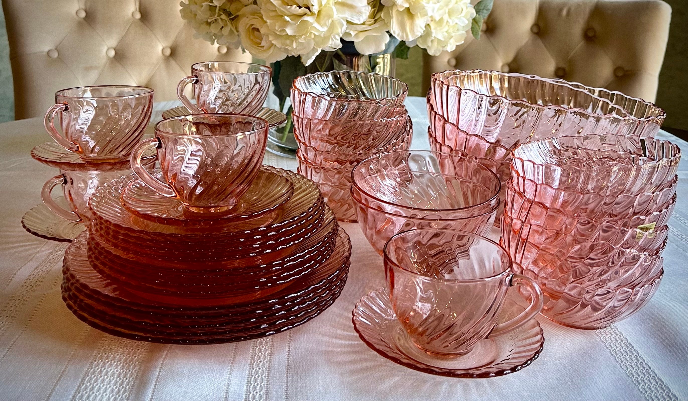 VINTAGE PINK TABLEWARE: Arcoroc / Luminarc France "Rosaline" Pink Swirl Glass Dinnerware | Pink Glass Dining and Serving Pieces | Open Stock