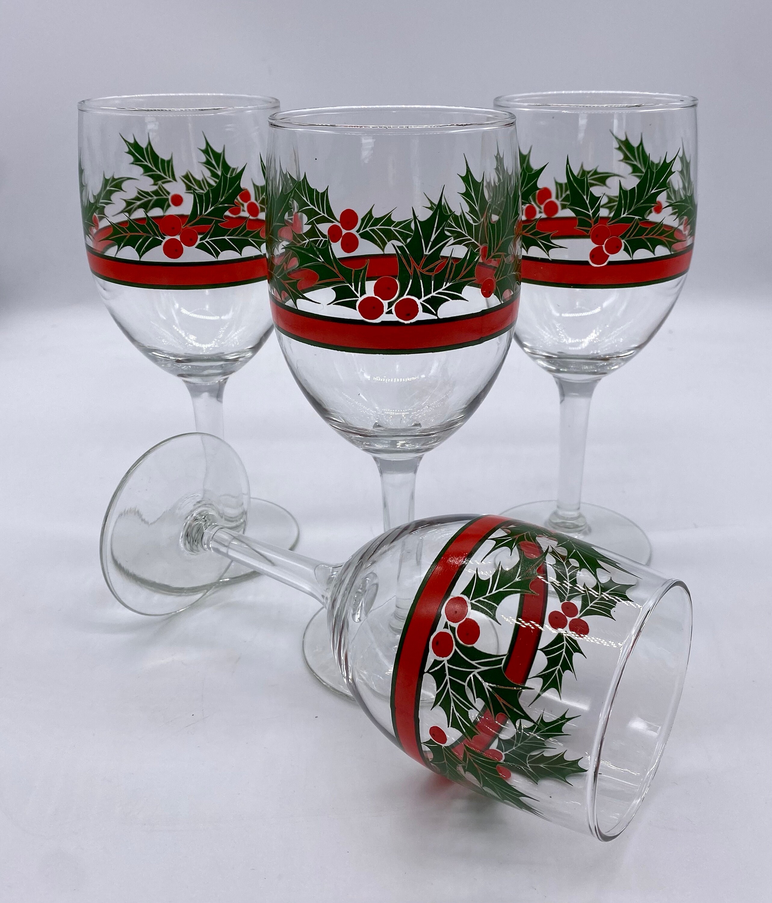 Kitchen & Dining Vintage Libbey Glass Etched Holly Berries Wine Glasses