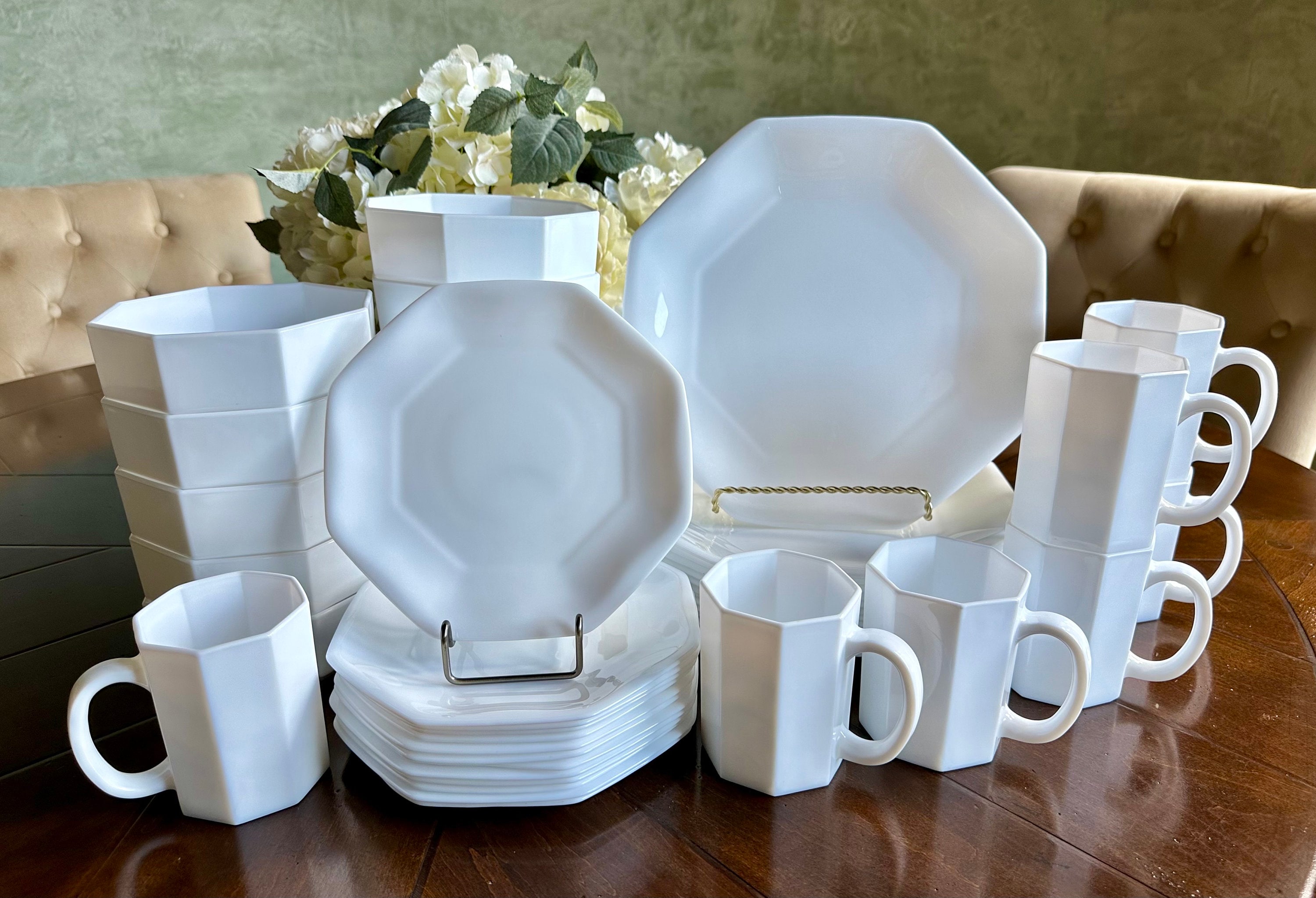 WHITE OCTAGON TABLEWARE: Vintage Arcopal Novoctime White Octagon-Shaped Dinner Plates / Salad Plates / Bowls / Mugs | Open Stock