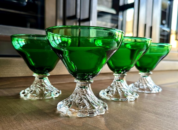 Vintage Emerald Green Parfait Glasses with Boopie Detailed Base Vintage Emerald Green Parfait Glasses with Boopie Detailed Base