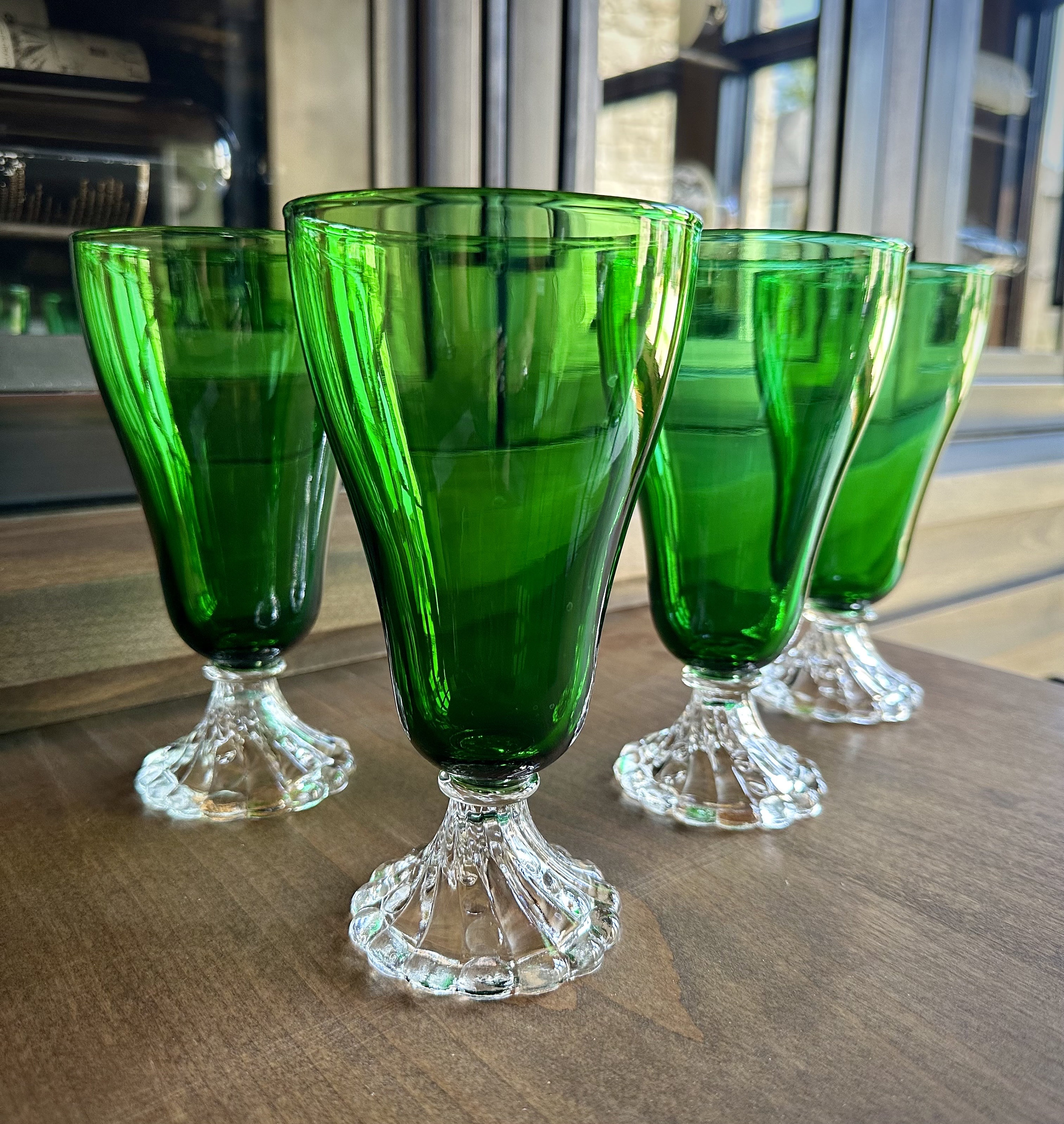 VINTAGE Bar Glasses Set Of 6 Green Glass With Gold Made In Korea
