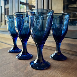 VINTAGE BLUE GLASSWARE: Noritake “Sweet Swirl” Midnight Blue Wine Glasses - Not Larger Water Goblet | Set of 4 | 3 Sets Available