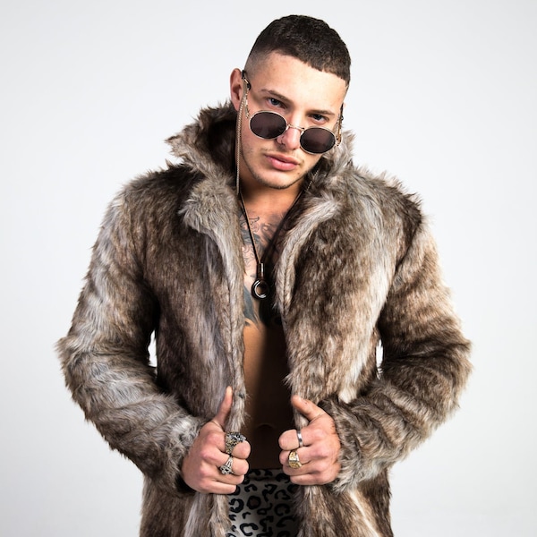 Brown Faux Fur Doof Jacket, Mens Faux Fur Jacket, Festival Fur Jacket, Fur Coat