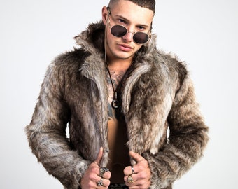 Brown Faux Fur Doof Jacket, Mens Faux Fur Jacket, Festival Fur Jacket, Fur Coat