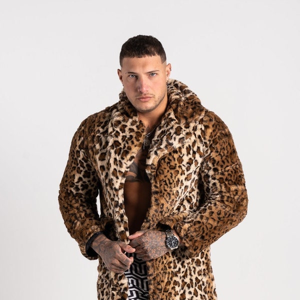 Veste Doof en fausse fourrure à imprimé léopard, veste en fausse fourrure pour homme, veste en fourrure Festival, manteau de fourrure