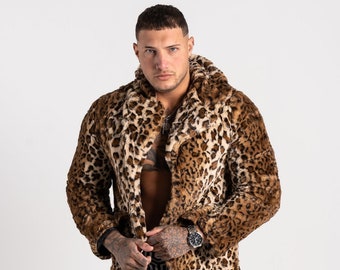 Leopard Print Faux Fur Doof Jacket, Mens Faux Fur Jacket, Festival Fur Jacket, Fur Coat