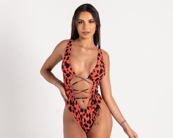 Red Leopard Bodysuit | Cut Out One Piece | Leopard Swimsuit | Festival & Rave Bodysuit