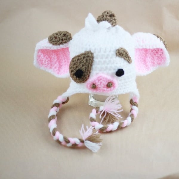 Crochet Pua the Pig Inspired Hat Moana's Pua Costume Hat White Earflap Hat Unique Gift Handmade Hat Photography Prop Size Newborn To Adult