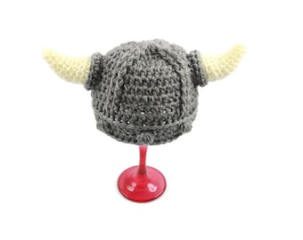 Crochet Gray Viking Hat Norse Hat Horned Viking Helmet Nordic Medieval Helmet Viking Costume Hat Size Newborn To Adult