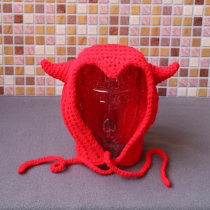 Crochet Red Devil Bonnet Hat Horned Devil Bonnet Devil Hood Handmade Halloween Costume Hat Birthday Gift  Photo Prop