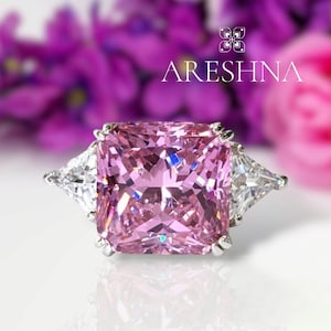 Pink Three Stone Princess Cut Lab Created Diamond Engagement Ring Wedding Ring Gift for Her Pink Lab Diamond Ring Big Statement Ring Pink
