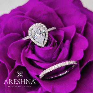2 Carat Pear Cut Lab Created Diamond Engagement Ring Wedding Ring Promise Anniversary Solid 925 Sterling Silver Bridal Gift Halo Ring Set