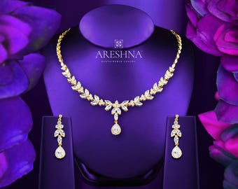 THE AURORA | 18K Gold Diamond and Swarovski Crystal Leaf Jewelry Set: Floral Vine Teardrop Necklace and Earrings, Luxury Wedding Gift