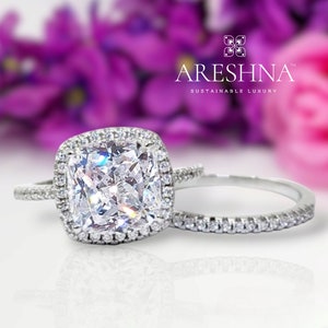 5 Carat Cushion Cut Halo Lab Created Diamond Engagement Ring Wedding Promise Anniversary Ring Sterling Silver Bridal Ring Set Gift for Her