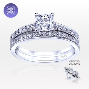 1.5 Carat Princess Cut Lab Diamond Ring Set: 925 Sterling Silver Wedding Set