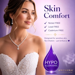 Luxury bridal and gala jewelry set featuring Areshna™ Diamonash™ lab-created diamond simulants. Elegant hypoallergenic necklace and earrings that are nickel free, lead free, and cadmium free, designed for sensitive skin and perfect for weddings, bridal wear, anniversary gifts, and timeless luxury occasions.