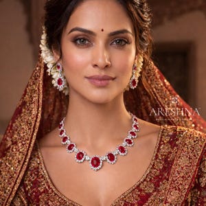 Ruby Red Statement Necklace Set: 14K White Gold Wedding Crystal Necklace and Earrings, Gala Jewelry, Red Carpet Style, High-End Gift for Her