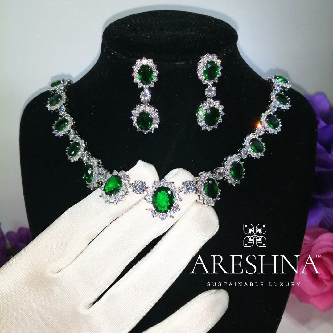 2-Piece Wedding Jewelry Set – Green Citrine & Topaz Pendant And Earrings, Silver Plated, Pear Shape, Lab-Created