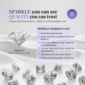 Lab grown diamond sparkle and clarity comparison showing high quality ethical diamonds used in Areshna engagement rings and diamond stud earrings, highlighting natural white sparkle, carbon-infused clarity, VVS brilliance, E-color whiteness, sustainable conflict free luxury jewelry.