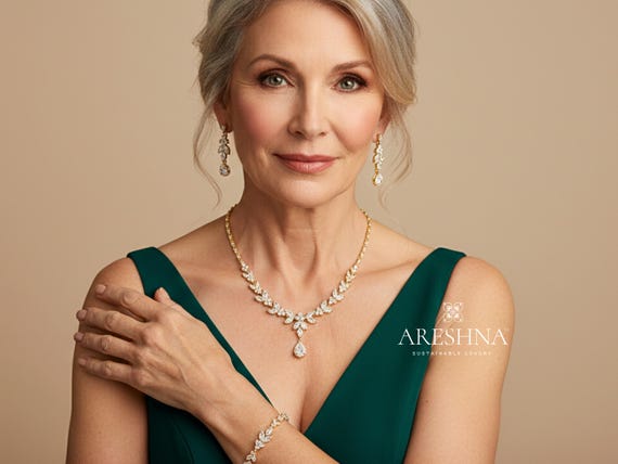 THE AURORA | 18K Gold Teardrop Jewelry Set for Mother of the Bride : Luxury Diamond and Swarovski Crystal Floral Vine Necklace & Earrings