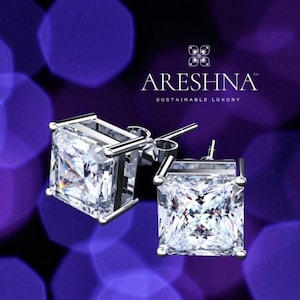 1 Carat Princess Cut Lab Diamond Stud Earrings: 14K White Gold Plated Created Diamond